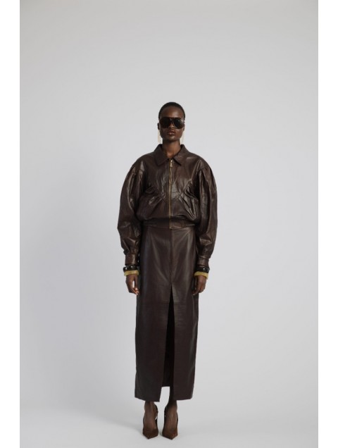 STUDIO 83 Long Leather Brown Skirt Καφέ Δερμάτινη Μάξι Φούστα