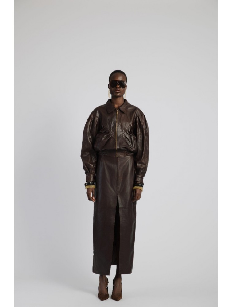 STUDIO 83 Long Leather Brown Skirt Καφέ Δερμάτινη Μάξι Φούστα