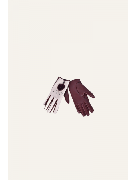 STUDIO 83 Bordeaux and Off White Biker Gloves Μπορντώ με Εκρού Δερμάτινα Γυναικεία Γάντια Οδήγησης 