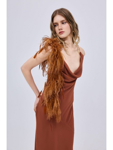 STUDIO 83 Chiffon Feather Maxi Dress Taba Σιφόν Μάξι Φόρεμα με Ταμπά Πούπουλα