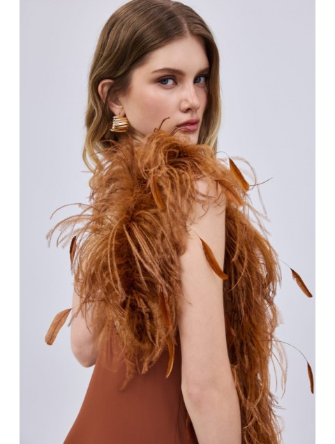 STUDIO 83 Chiffon Feather Maxi Dress Taba Σιφόν Μάξι Φόρεμα με Ταμπά Πούπουλα