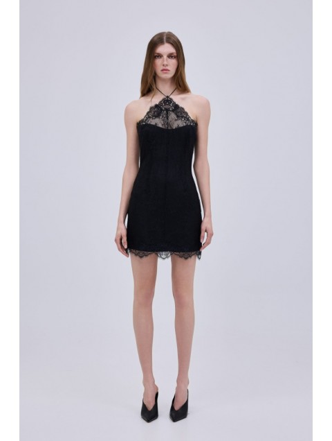 STUDIO 83 Daisy Lace Mini Dress Black Μαύρο Δαντελένιο Μίνι Φόρεμα 