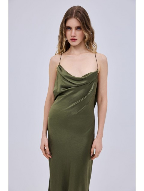 STUDIO 83 Drape Maxi Olive Dress Μάξι Λαδί Φόρεμα