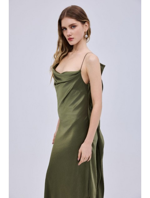 STUDIO 83 Drape Maxi Olive Dress Μάξι Λαδί Φόρεμα