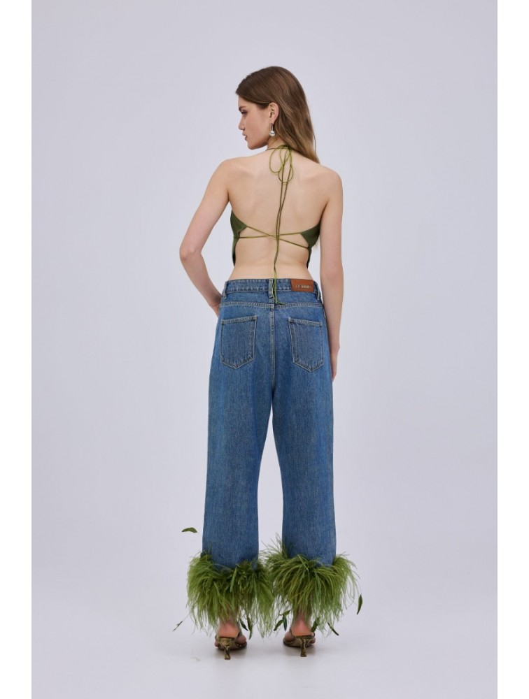 STUDIO 83 Feather Jean Green Τζιν με Πράσινα Πούπουλα