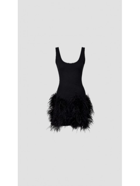 STUDIO 83 Feather Mini Black Dress Μίνι Μαύρο Φόρεμα με Πούπουλα