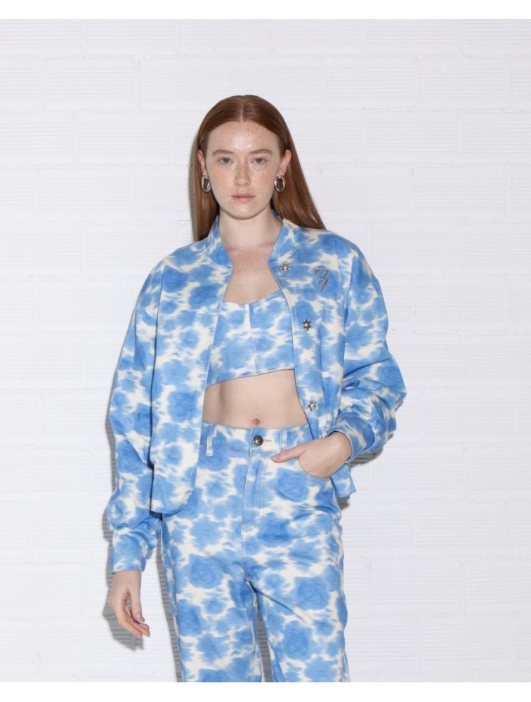 STUDIO 83 Flower Bomber Jacket Blue Μπλε Τζιν Τζάκετ