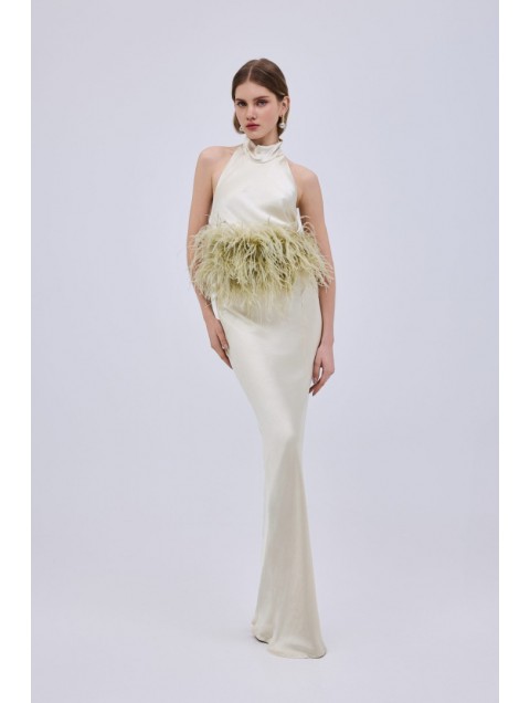 STUDIO 83 Halter Ivory Jasmine Dress Σαμπανιζέ Φόρεμα με Πούπουλα