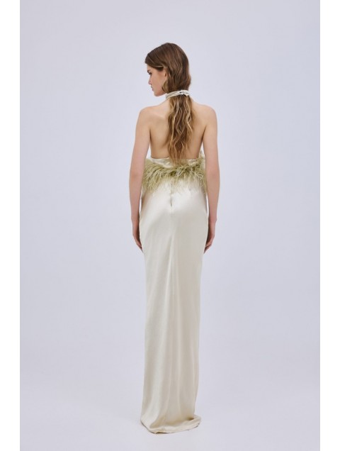 STUDIO 83 Halter Ivory Jasmine Dress Σαμπανιζέ Φόρεμα με Πούπουλα