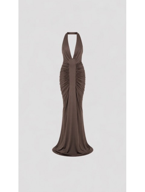 STUDIO 83 Halter Rectangle Elephant Maxi Dress Γκρι Λαδί Μάξι Φόρεμα