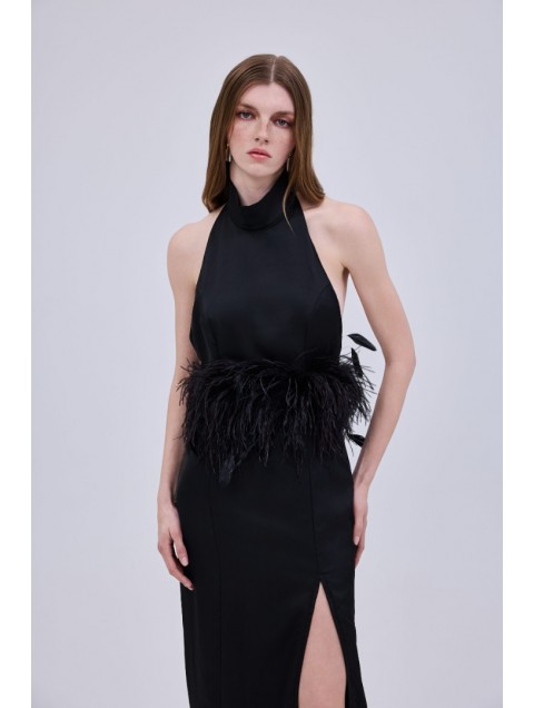 STUDIO 83 Halter Satin Maxi Dress Black Μαύρο Σατέν Μάξι Φόρεμα 