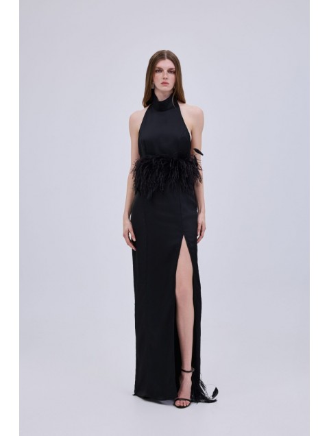 STUDIO 83 Halter Satin Maxi Dress Black Μαύρο Σατέν Μάξι Φόρεμα 