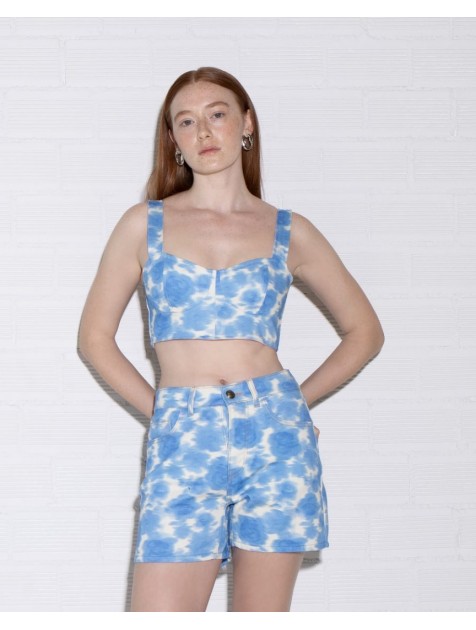 STUDIO 83 Jean Crop Top Flower Blue Μπλε Τζιν Τοπ