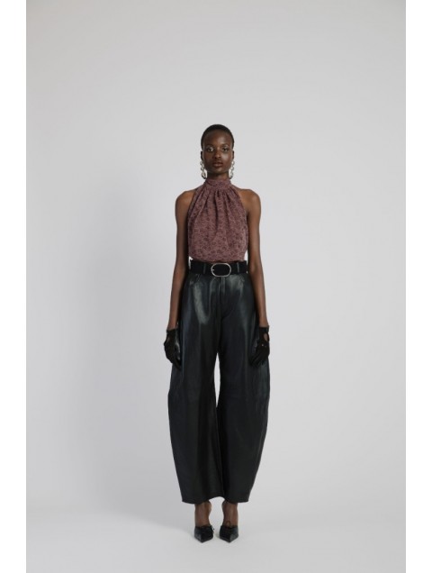 STUDIO 83 Leather Barrel Pants Black Μαύρο Δερμάτινο Παντελόνι