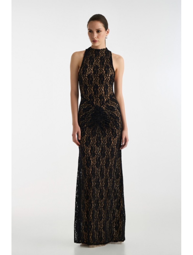 STUDIO 83 Long Lace Dress Black Μαύρο Δαντελένιο Φόρεμα