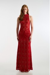 STUDIO 83 Long Lace Dress Red Κόκκινο Δαντελένιο Φόρεμα