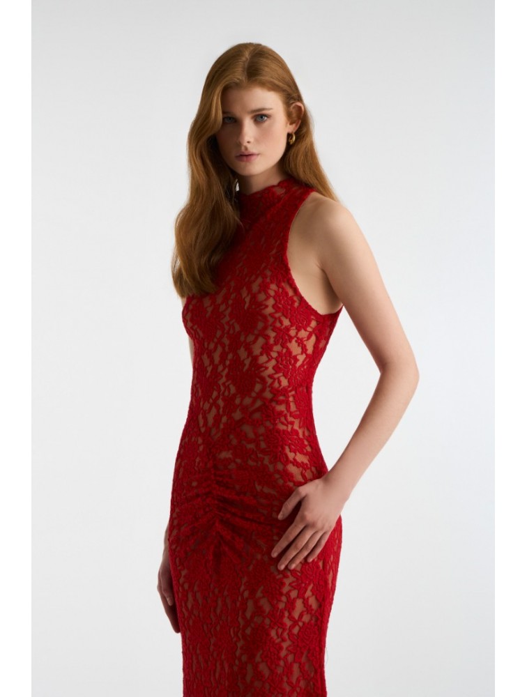 STUDIO 83 Long Lace Dress Red Κόκκινο Δαντελένιο Φόρεμα