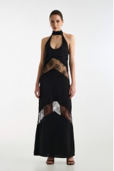 STUDIO 83 Long Satin Lace Dress Black Μαύρο Μάξι Φόρεμα Με Δαντέλα