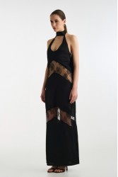 STUDIO 83 Long Satin Lace Dress Black Μαύρο Μάξι Φόρεμα Με Δαντέλα
