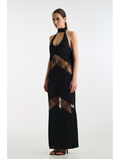 STUDIO 83 Long Satin Lace Dress Black Μαύρο Μάξι Φόρεμα Με Δαντέλα
