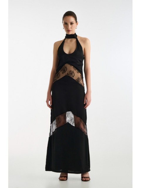 STUDIO 83 Long Satin Lace Dress Black Μαύρο Μάξι Φόρεμα Με Δαντέλα