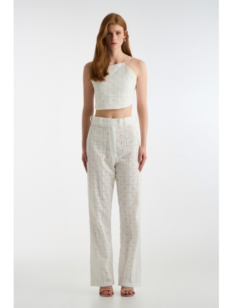 STUDIO 83 Luna White Broderie Pants Λευκό Ανάγλυφο Γυναικείο Παντελόνι
