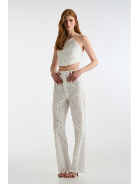 STUDIO 83 Luna White Broderie Pants Λευκό Ανάγλυφο Γυναικείο Παντελόνι