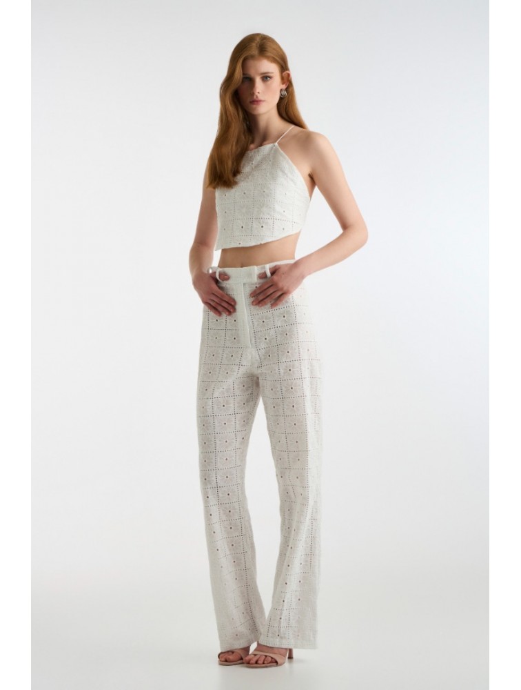 STUDIO 83 Luna White Broderie Pants Λευκό Ανάγλυφο Γυναικείο Παντελόνι