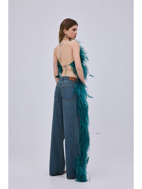 STUDIO 83 Regular Waist Feather Jeans Petrol Τζιν με Πετρόλ Πούπουλα