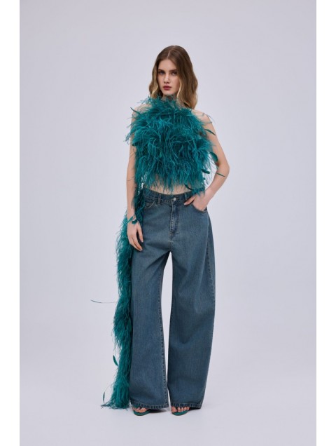 STUDIO 83 Regular Waist Feather Jeans Petrol Τζιν με Πετρόλ Πούπουλα