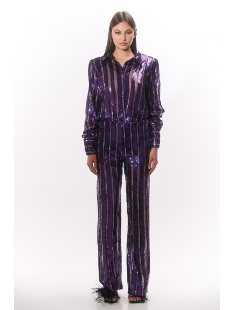 STUDIO 83 Sequin Stripes Pants Purple Μωβ Παντελόνι 