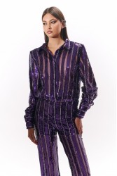 STUDIO 83 Sequin Stripes Shirt Purple Μωβ Πουκάμισο