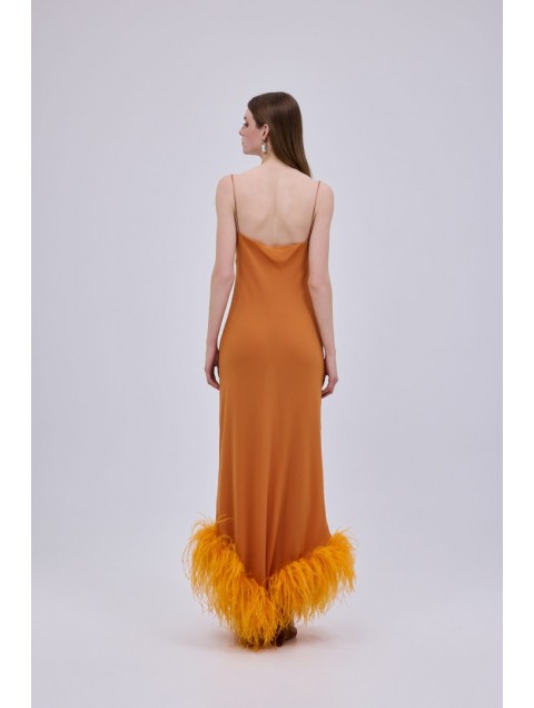 STUDIO 83 Starry Night Orange Dress Πορτοκαλί Φόρεμα με Πούπουλα