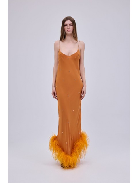 STUDIO 83 Starry Night Orange Dress Πορτοκαλί Φόρεμα με Πούπουλα
