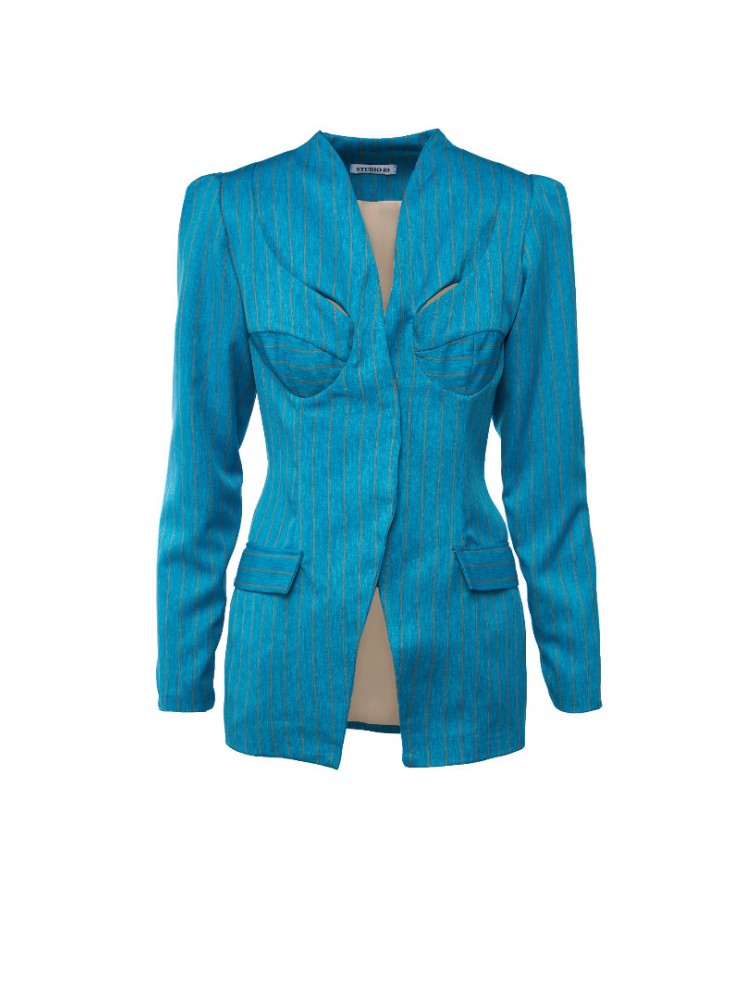 STUDIO 83 Cut Out Stripes Πετρόλ Μπλέιζερ
