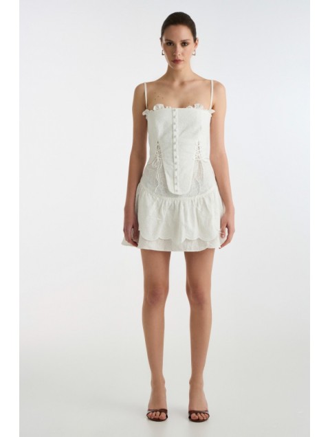 STUDIO 83 Broderie White Mini Dress Λευκό Ανάγλυφο Μίνι Φόρεμα