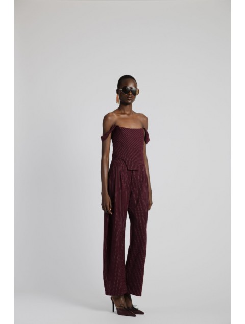 STUDIO 83 Stripes Burgundy Pants Μπορντώ Παντελόνι με Ρίγες