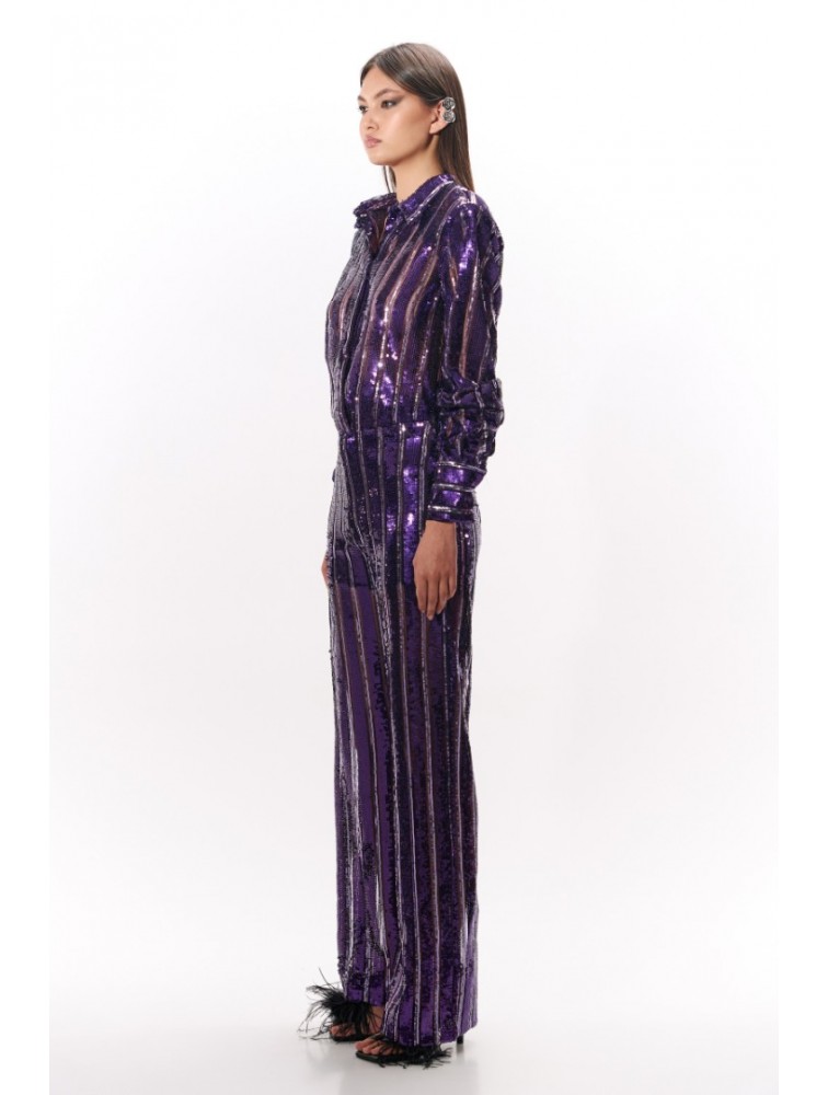 STUDIO 83 Sequin Stripes Pants Purple Μωβ Παντελόνι