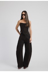 STUDIO 83 Velvet Barrel Jean Brown Καφέ Βελουτέ Τζιν Παντελόνι