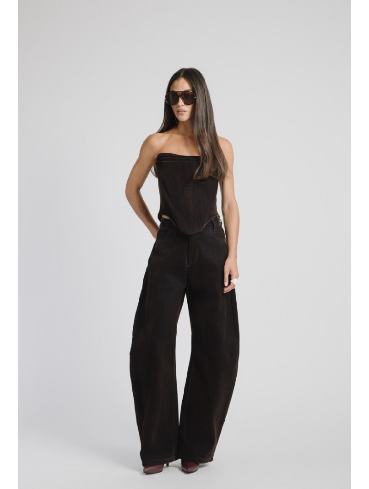 STUDIO 83 Velvet Barrel Jean Brown Καφέ Βελουτέ Τζιν Παντελόνι