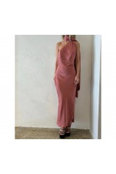 STUDIO 83 Maggie Maxi Satin Brown Σατέν Φόρεμα Καφέ