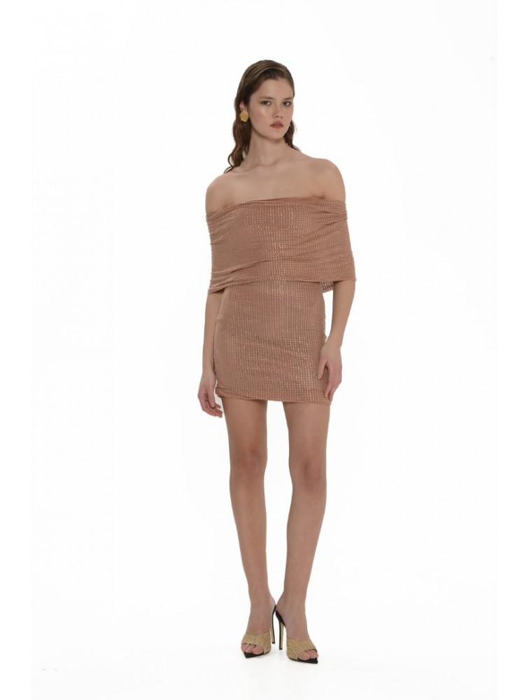 TRILOGY CLOTHING Secret Mesh With Rhrinestones Mini Dress Brown Καφέ Μίνι Φόρεμα με στρας