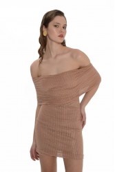 TRILOGY CLOTHING Secret Mesh With Rhrinestones Mini Dress Brown Καφέ Μίνι Φόρεμα με στρας