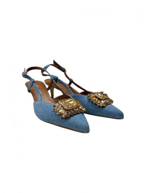 TSAKIRIS MALLAS Denim Women's Leather Heels With Buckle