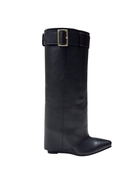 TSAKIRIS MALLAS Μαύρες Δερμάτινες Γυναικείες Μπότες με Γκέτα