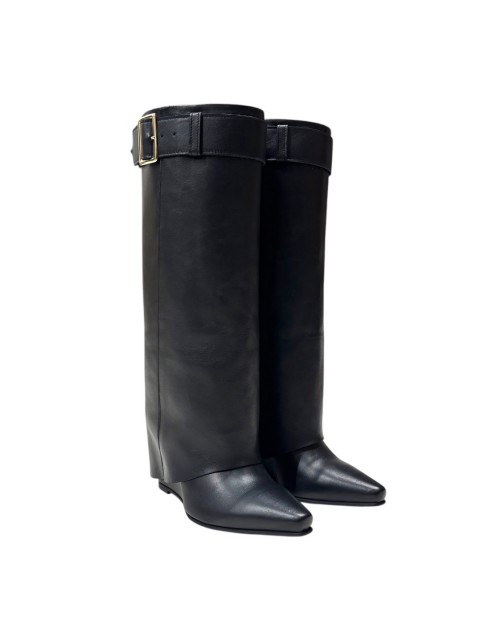 TSAKIRIS MALLAS Μαύρες Δερμάτινες Γυναικείες Μπότες με Γκέτα