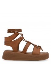 TSAKIRIS MALLAS Καφέ Δερμάτινα Γυναικεία Δετά Flatforms