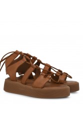 TSAKIRIS MALLAS Καφέ Δερμάτινα Γυναικεία Δετά Flatforms