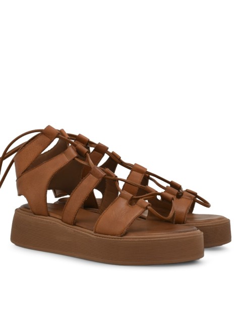 TSAKIRIS MALLAS Καφέ Δερμάτινα Γυναικεία Δετά Flatforms