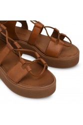 TSAKIRIS MALLAS Καφέ Δερμάτινα Γυναικεία Δετά Flatforms